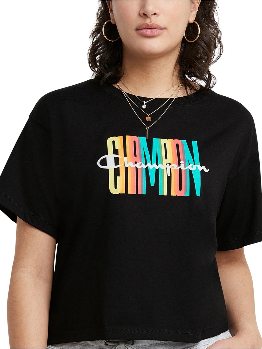 Champion Graphic Black Tee with Multicolor Rainbow Logo
